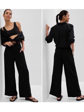 Gap Crinkle Gauze Wide Leg Pants Medium Black Pull on Elastic Waist 100% Cotton